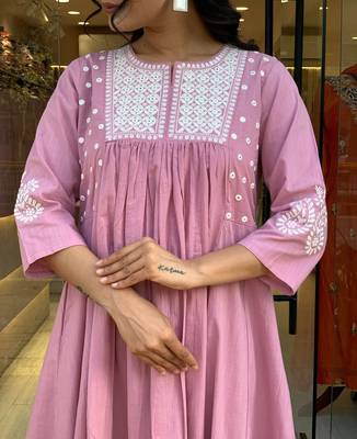 Floral embroidered pink round neck cotton kurta set with trouser 4