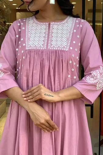 Floral embroidered pink round neck cotton kurta set with trouser