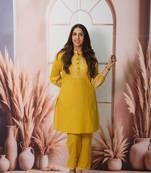 Floral embroidered yellow round neck cotton kurta set with trouser