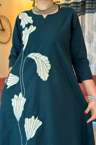 Floral embroidered green round neck cotton kurta set with trouser