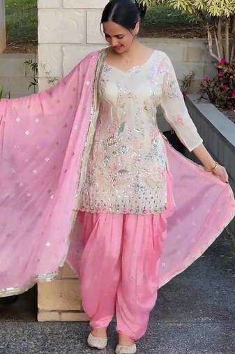 	White Vichitra Silk Embroidered Kurta With Patiala Pant With Dupatta