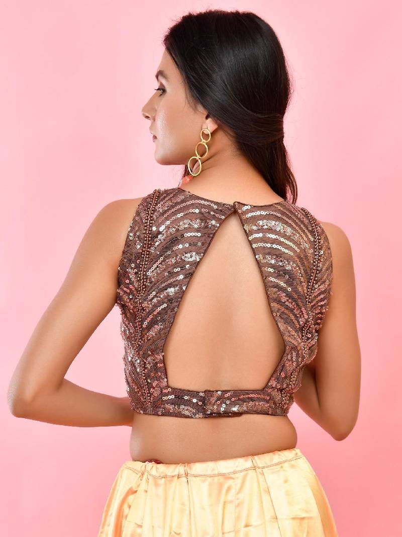 Sequined Embellished Boat Neck Sleeveless Padded Saree Blouse