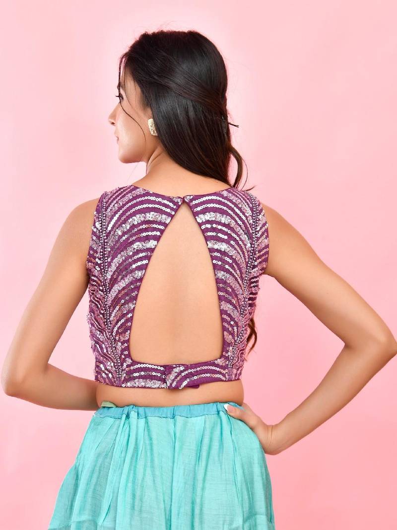 Sequined Embellished Boat Neck Sleeveless Padded Saree Blouse