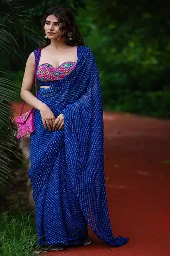 Lehriya Printed with Embroidered Sleeveless Saree Blouse