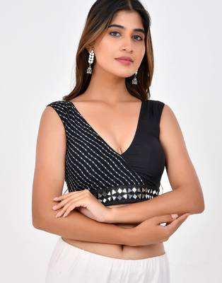 Lehriya Printed with Embroidered Sleeveless Saree Blouse 2
