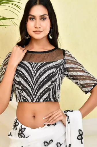 Sequin & Pearl Embellished Padded Saree Blouse