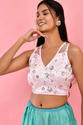 V-Neck Sleeveless Embellished Saree Blouse