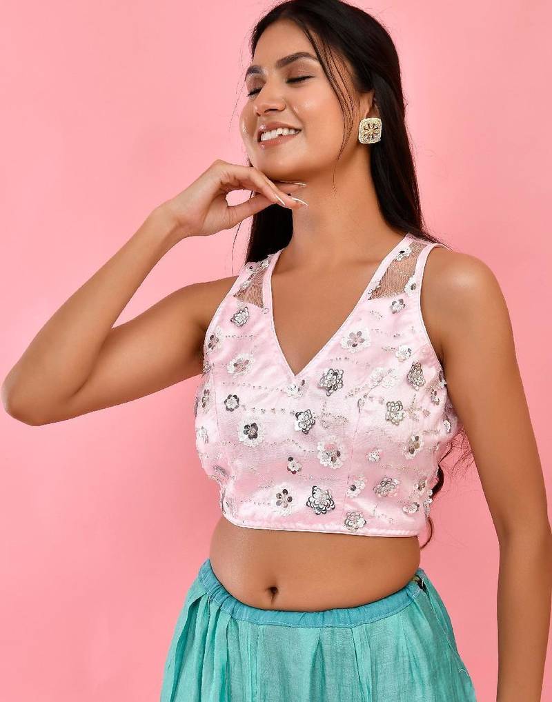 V-Neck Sleeveless Embellished Saree Blouse