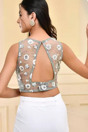 Floral Sequined Sleeveless Padded Saree Blouse