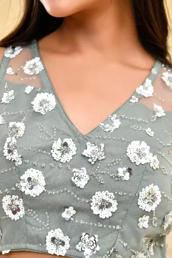 Floral Sequined Sleeveless Padded Saree Blouse