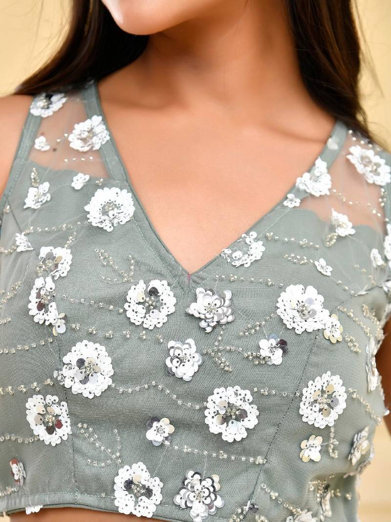 Floral Sequined Sleeveless Padded Saree Blouse