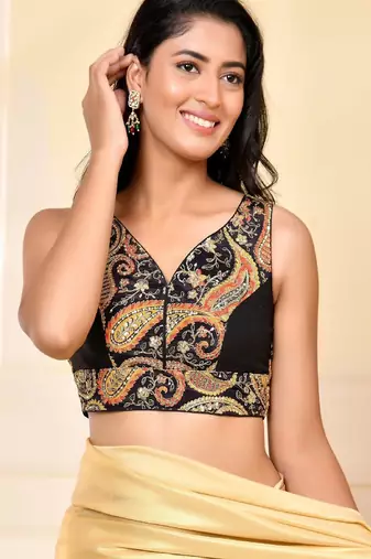 Embroidery Paisley Zari V Neck Padded Saree Blouse