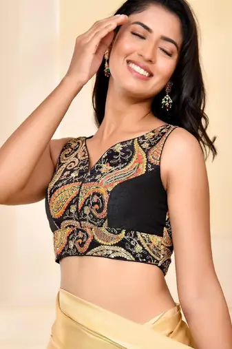 Embroidery Paisley Zari V Neck Padded Saree Blouse