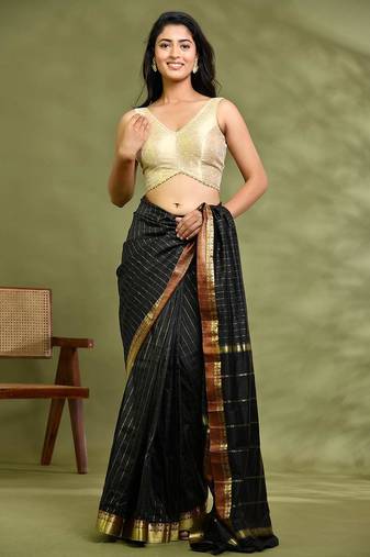 Woven Designed Brocade Padded Saree Blouse With Beads Detail