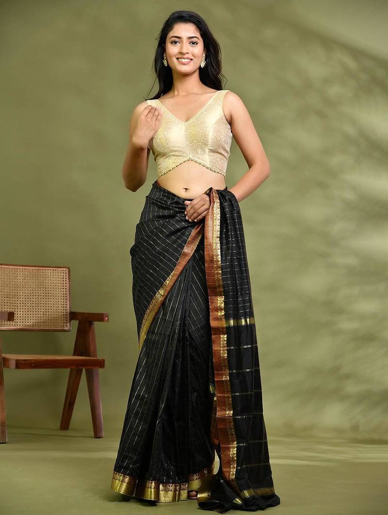 Woven Designed Brocade Padded Saree Blouse With Beads Detail