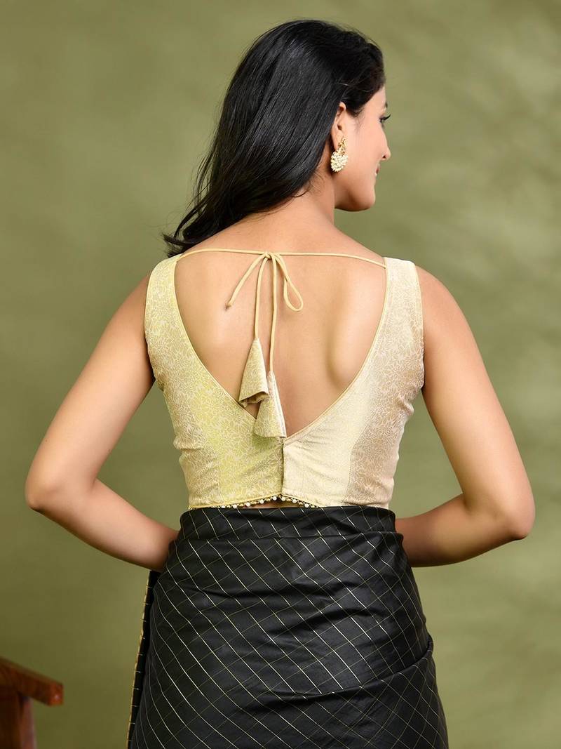 Woven Designed Brocade Padded Saree Blouse With Beads Detail