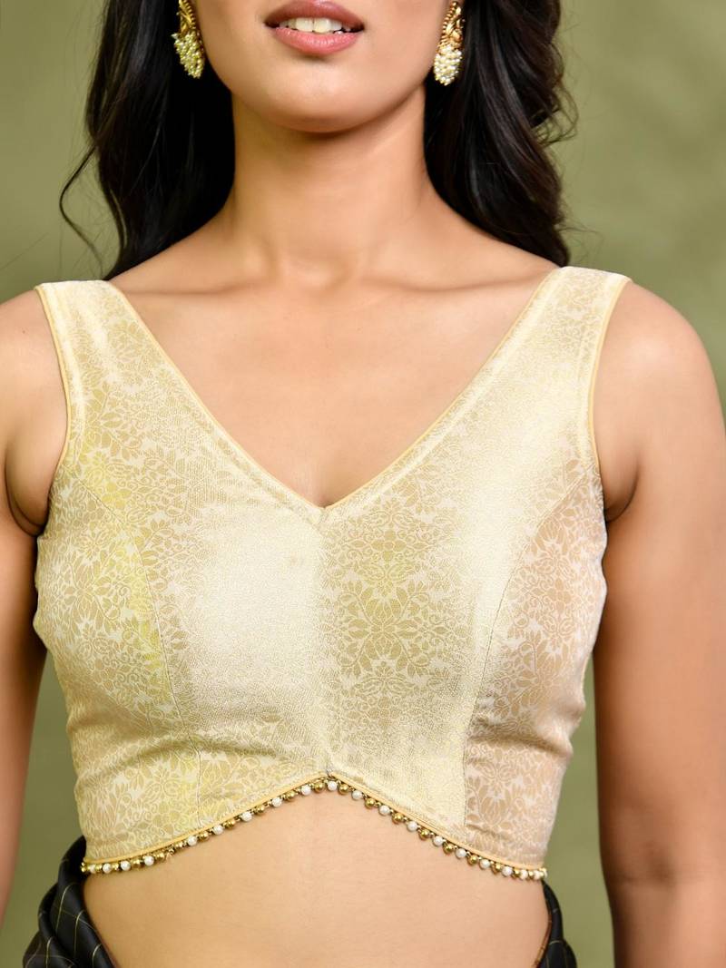 Woven Designed Brocade Padded Saree Blouse With Beads Detail