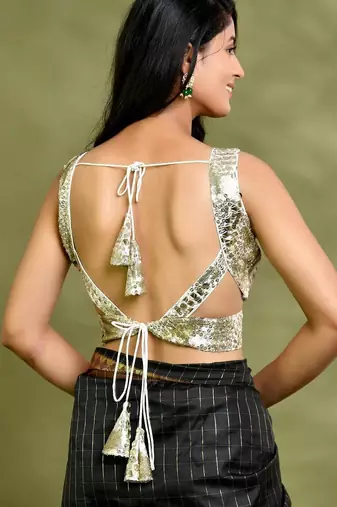 Women Embellished Mirror V-Neck Padded Saree Blouse