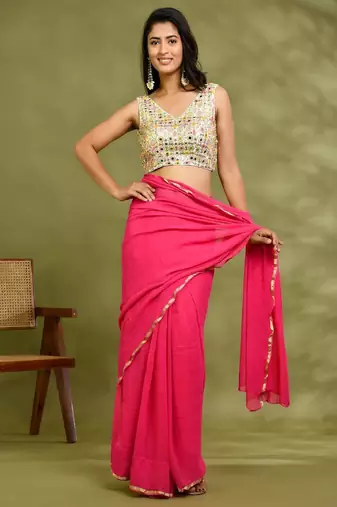 Embellished Mirror Work V-Neck Padded Saree Blouse