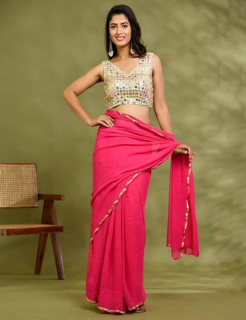 Embellished Mirror Work V-Neck Padded Saree Blouse