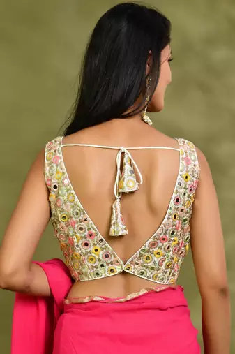 Embellished Mirror Work V-Neck Padded Saree Blouse