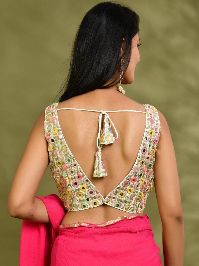 Embellished Mirror Work V-Neck Padded Saree Blouse