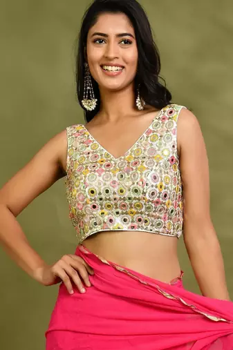 Embellished Mirror Work V-Neck Padded Saree Blouse