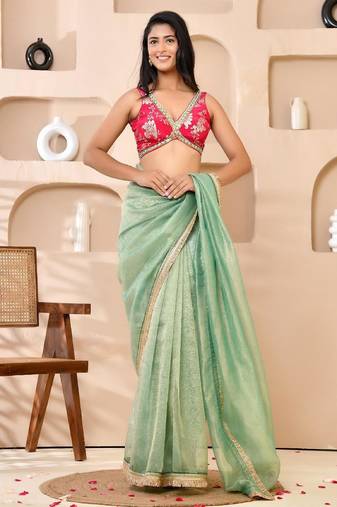 Woven Designed Banarsi V-Neck Padded Saree Blouse