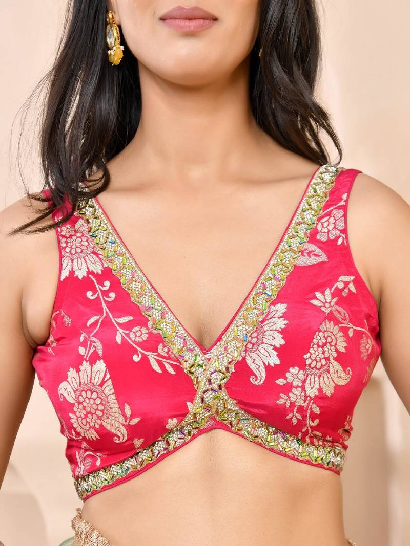 Woven Designed Banarsi V-Neck Padded Saree Blouse