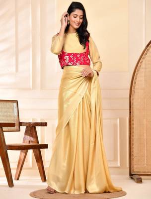 Woven Designed Round Neck Banarsi Jacket With Golden Blouse 1