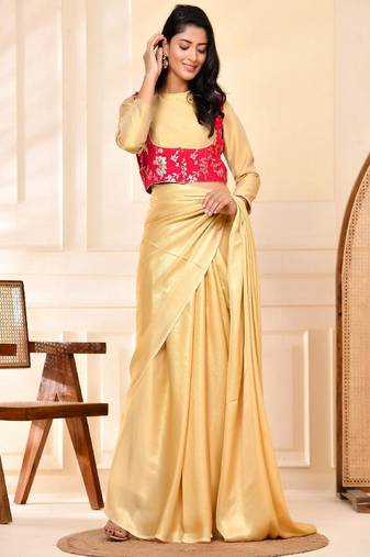 Woven Designed Round Neck Banarsi Jacket With Golden Blouse