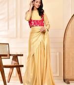 Woven Designed Round Neck Banarsi Jacket With Golden Blouse