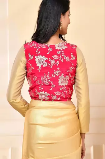 Woven Designed Round Neck Banarsi Jacket With Golden Blouse