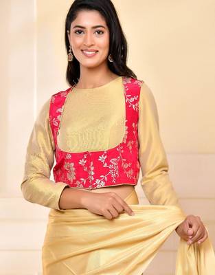 Woven Designed Round Neck Banarsi Jacket With Golden Blouse 3
