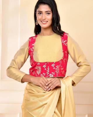 Woven Designed Round Neck Banarsi Jacket With Golden Blouse 4