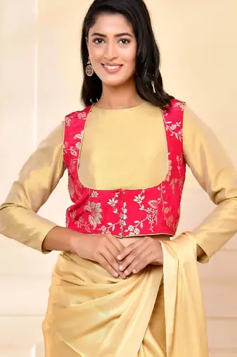 Woven Designed Round Neck Banarsi Jacket With Golden Blouse