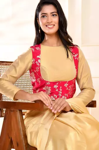 Woven Designed Round Neck Banarsi Jacket With Golden Blouse