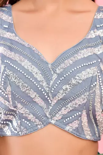 Embellished Sequinned Pearl-Studded Padded Saree Blouse