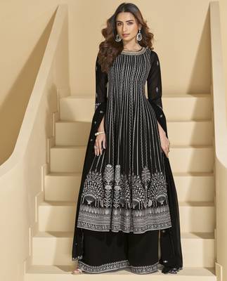 black embroidered faux georgette palazzo suit 1