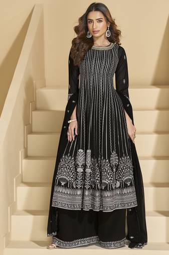 Black embroidered faux georgette palazzo suit