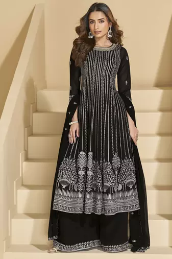 Black embroidered faux georgette palazzo suit