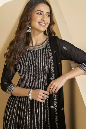 black embroidered faux georgette palazzo suit