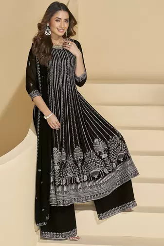 black embroidered faux georgette palazzo suit