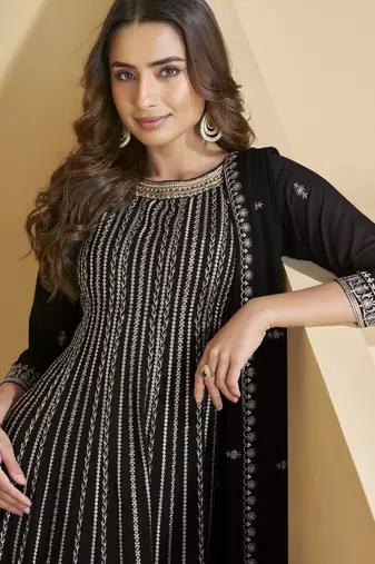 black embroidered faux georgette palazzo suit
