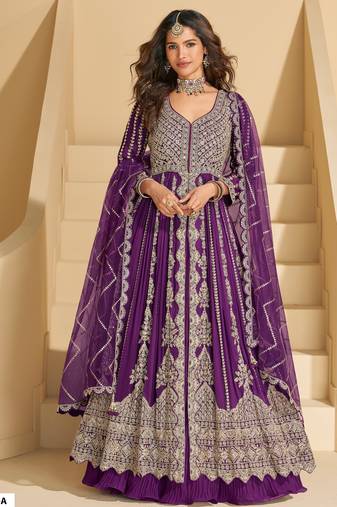 Purple chinon heavy sequins anarkali with skirt & dupatta