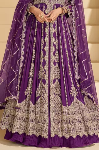 purple chinon heavy sequins anarkali with skirt & dupatta
