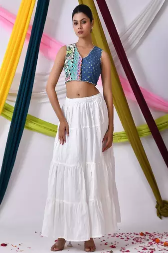 Women Denim Jacaquard Half-and-Half Boho Style Blouse