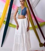 Women Denim Jacaquard Half-and-Half Boho Style Blouse