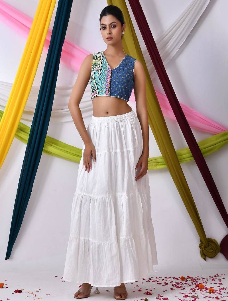 Women Denim Jacaquard Half-and-Half Boho Style Blouse