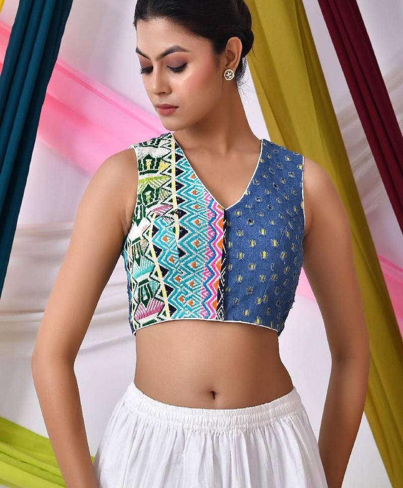 Women Denim Jacaquard Half-and-Half Boho Style Blouse